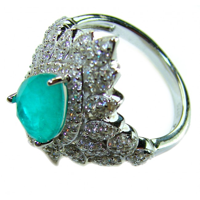 Vintage style - Timless Beauty 6.5 carat Emerald .925 Sterling Silver handcrafted Statement Ring size 6 1/2 - Side view of vintage-style emerald ring with diamond detailing.
