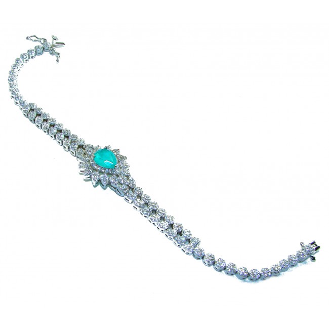 Born to Glam authentic 7.9 carat Colombian Emerald .925 Sterling Silver handcrafted Statement Bracelet - Top view of Colombian Emerald bracelet with diamond accents