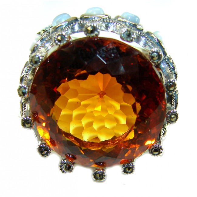 Celestial energY Natural 28.4 carat GOLDEN Topaz Marcasite .925 Sterling Silver handmade Large Statement Ring size 8 3/4