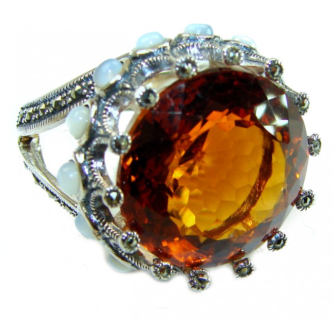 Celestial energY Natural 28.4 carat GOLDEN Topaz Marcasite .925 Sterling Silver handmade Large Statement Ring size 8 3/4