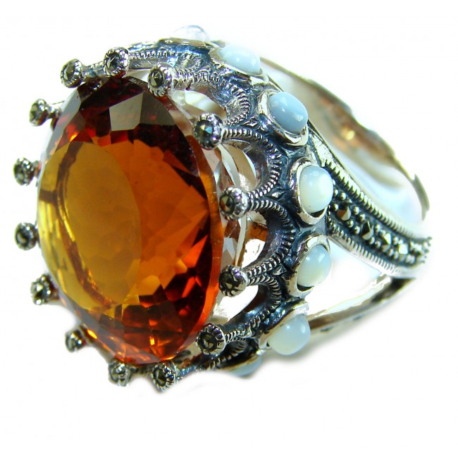 Celestial energY Natural 28.4 carat GOLDEN Topaz Marcasite .925 Sterling Silver handmade Large Statement Ring size 8 3/4