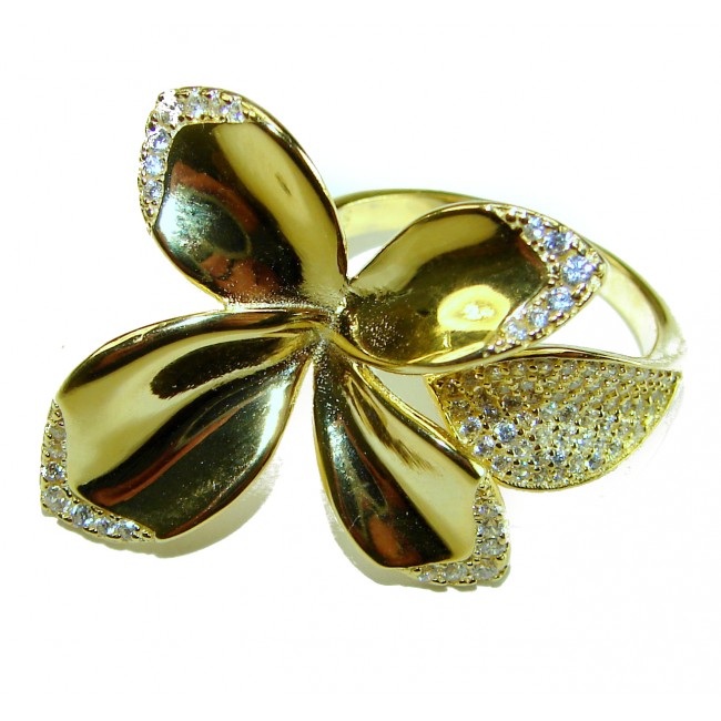 Lotus flower White Topaz highly polished 18K Gold over .925 Sterling Silver Italy made ring s. 7 adjustable - photo 3