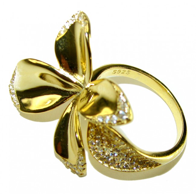 Lotus flower White Topaz highly polished 18K Gold over .925 Sterling Silver Italy made ring s. 7 adjustable - photo 1