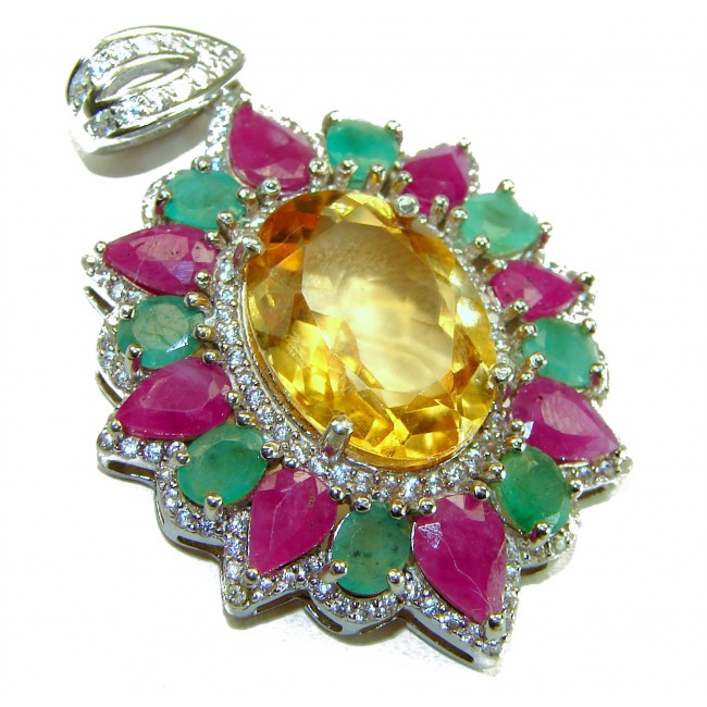Vintage Design Genuine 14.5 carat precious Citrine Sapphire .925 Sterling Silver handmade Pendant