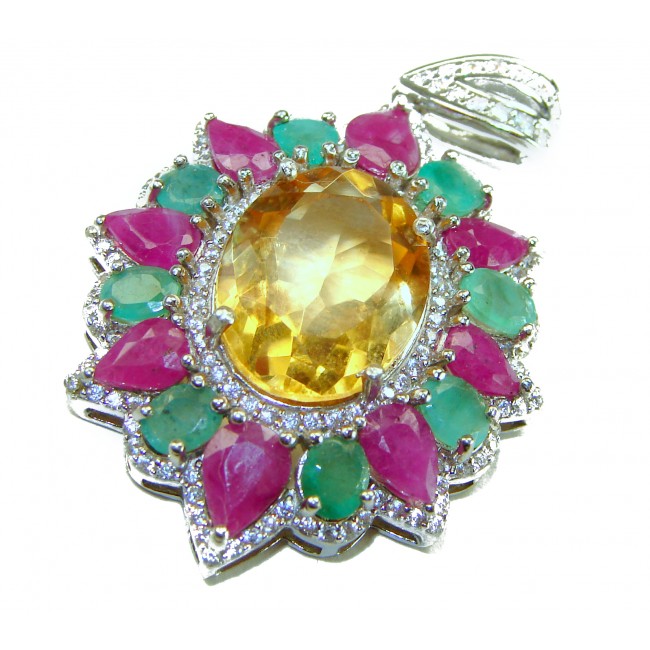 Vintage Design Genuine 14.5 carat precious Citrine Sapphire .925 Sterling Silver handmade Pendant