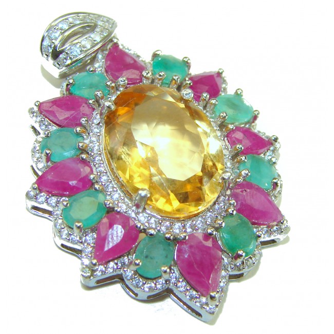 Vintage Design Genuine 14.5 carat precious Citrine Sapphire .925 Sterling Silver handmade Pendant
