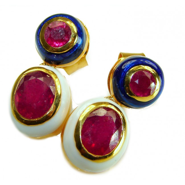 Countless Blessings Genuine 4.5 carat Authentic Ruby enamel 18K Gold over .925 Sterling Silver handcrafted earrings