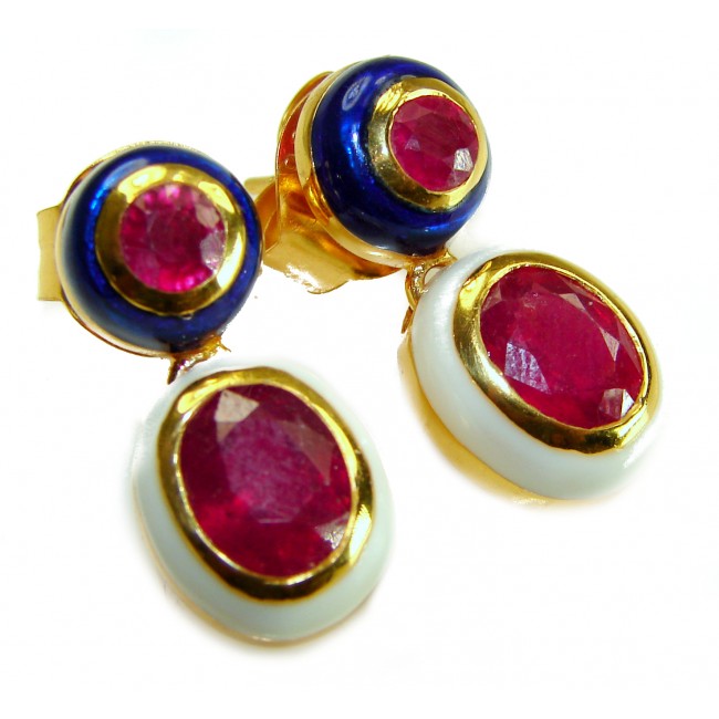 Countless Blessings Genuine 4.5 carat Authentic Ruby enamel 18K Gold over .925 Sterling Silver handcrafted earrings