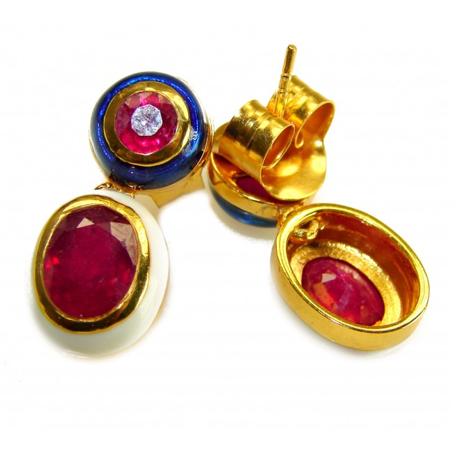 Countless Blessings Genuine 4.5 carat Authentic Ruby enamel 18K Gold over .925 Sterling Silver handcrafted earrings