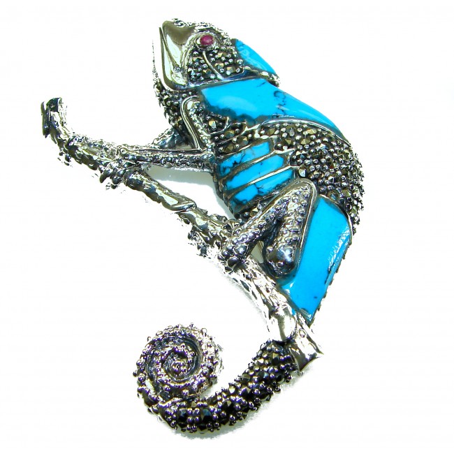 Spectacular Big Chameleon Lizard inlay Turquoise .925 Sterling Silver handmade Brooch