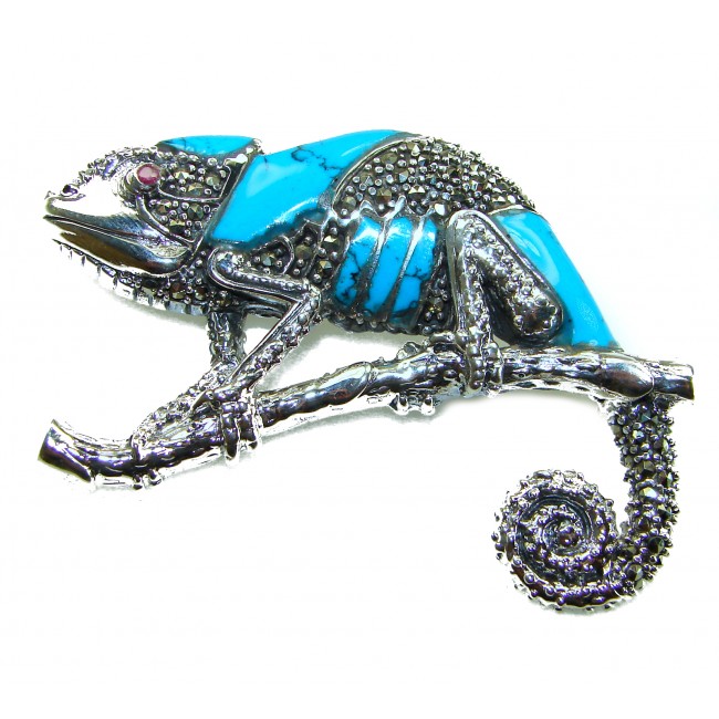 Spectacular Big Chameleon Lizard inlay Turquoise .925 Sterling Silver handmade Brooch