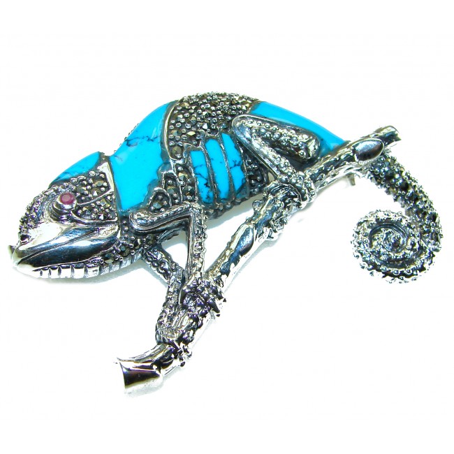 Spectacular Big Chameleon Lizard inlay Turquoise .925 Sterling Silver handmade Brooch