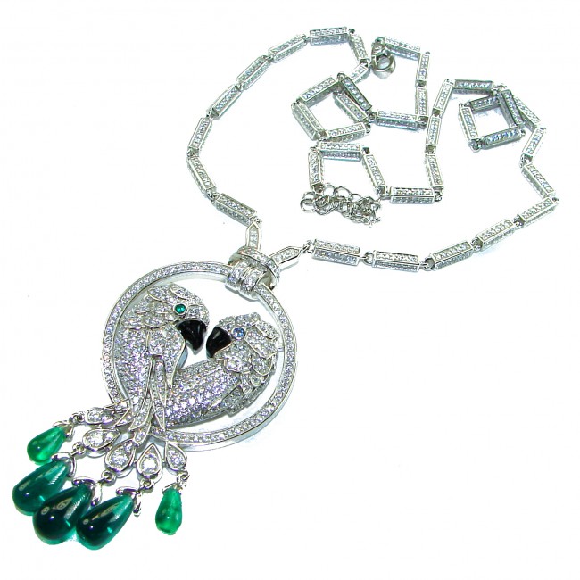 Born to Glam - Two Parrots - authentic 10.9 carat Colombian Emerald .925 Sterling Silver handcrafted Statement necklace