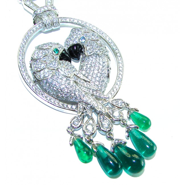 Born to Glam - Two Parrots - authentic 10.9 carat Colombian Emerald .925 Sterling Silver handcrafted Statement necklace