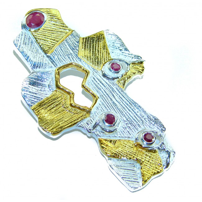 Holy Cross 1.2 carat Ruby 14K Gold over .925 Sterling Silver Pendant - Holy Cross Ruby Pendant with 14K Gold, side view showing texture details.