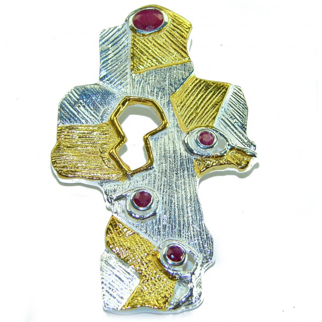 Holy Cross 1.2 carat Ruby 14K Gold over .925 Sterling Silver Pendant - Abstract cross pendant with ruby stones, top view.