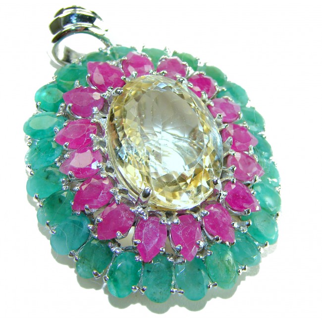 Vintage Design Genuine 38.5 carat precious Citrine Ruby .925 Sterling Silver handmade Pendant