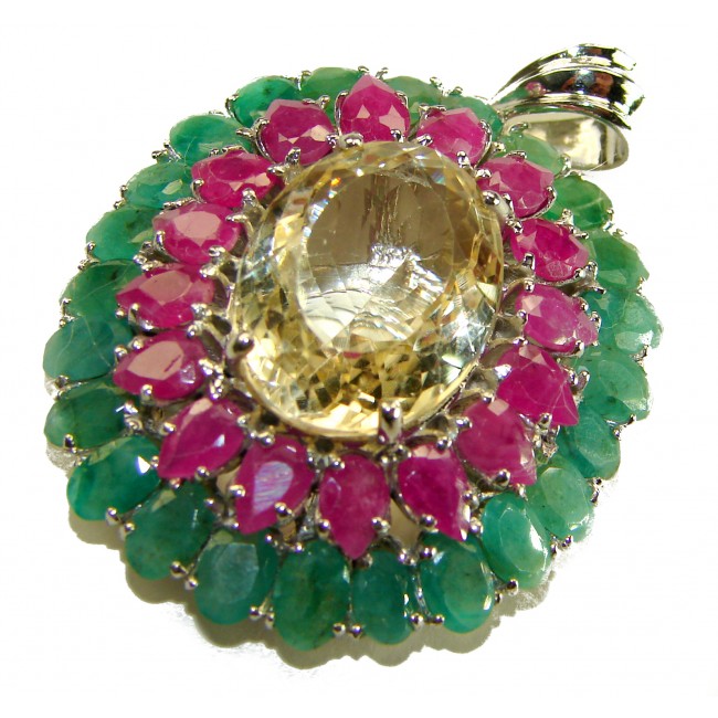 Vintage Design Genuine 38.5 carat precious Citrine Ruby .925 Sterling Silver handmade Pendant