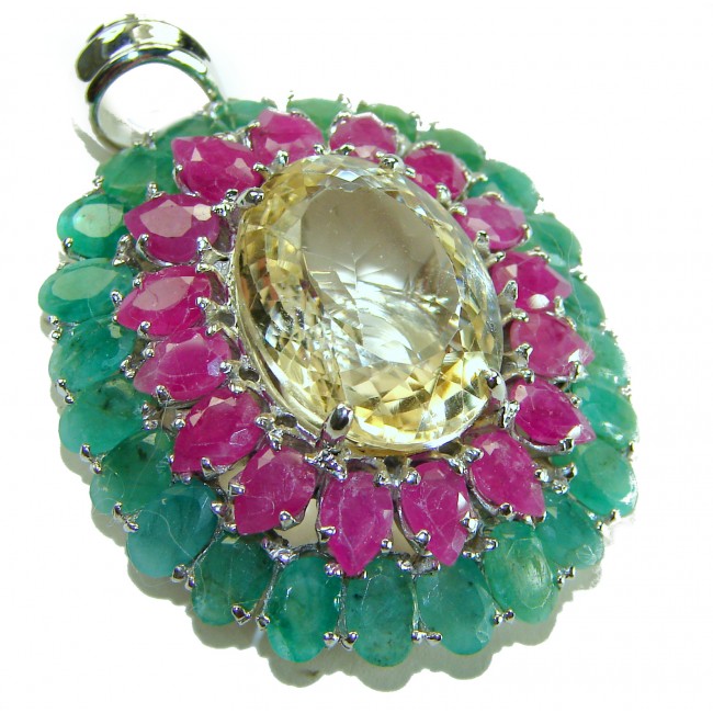 Vintage Design Genuine 38.5 carat precious Citrine Ruby .925 Sterling Silver handmade Pendant