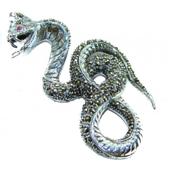 Large 2 5/8 inches long Cobra Snake genuine Marcasite .925 Sterling Silver handmade Pendant