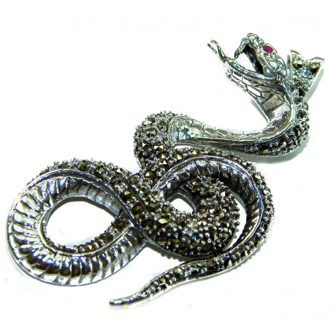 Large 2 5/8 inches long Cobra Snake genuine Marcasite .925 Sterling Silver handmade Pendant