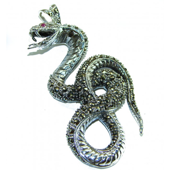 Large 2 5/8 inches long Cobra Snake genuine Marcasite .925 Sterling Silver handmade Pendant