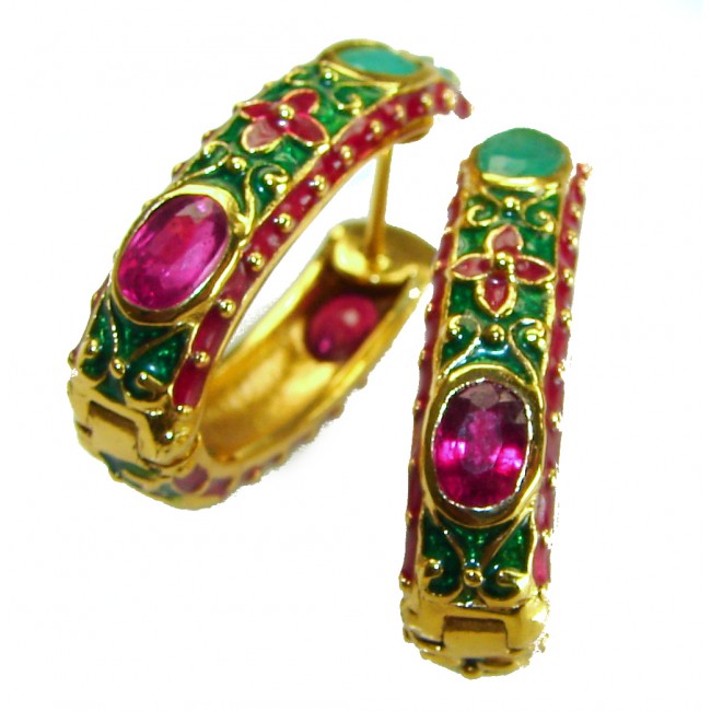 Giovanna - Genuine 12.5 CARAT Ruby Emerald enamel 18K Gold over .925 Sterling Silver Statement earrings