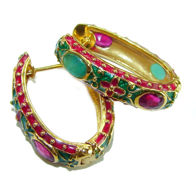 Giovanna - Genuine 12.5 CARAT Ruby Emerald enamel 18K Gold over .925 Sterling Silver Statement earrings