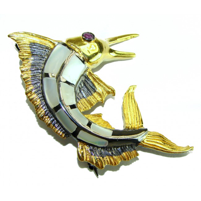 Precious Fish Natural Rainbow Abalone Ruby 14K Gold over .925 Sterling Silver handmade Pendant Brooch
