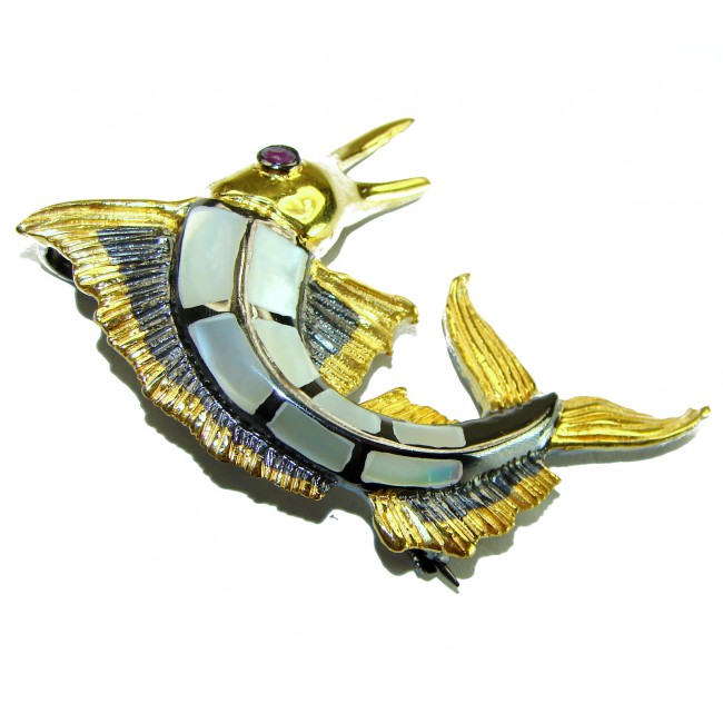 Precious Fish Natural Rainbow Abalone Ruby 14K Gold over .925 Sterling Silver handmade Pendant Brooch