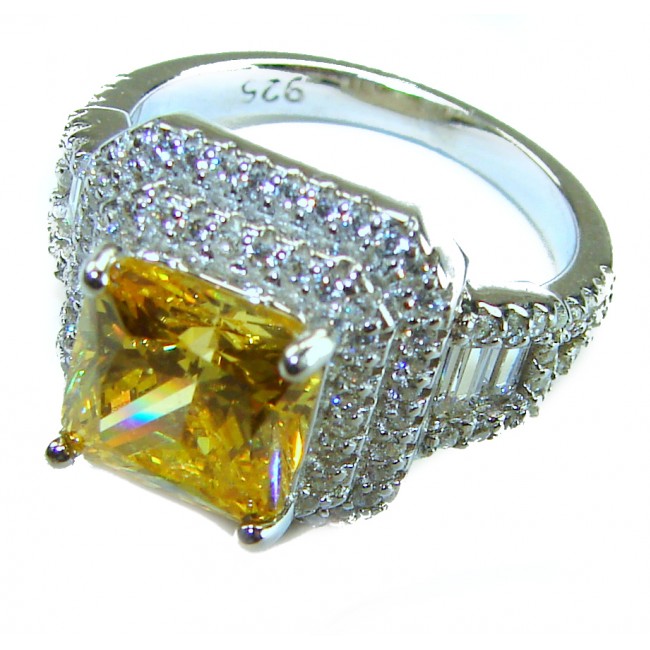 Splendid PRINCESS cut 7.2 carat yellow Sapphire .925 Sterling Silver brilliantly handcrafted ring s. 6 - Close-up of yellow sapphire ring with intricate diamond setting.