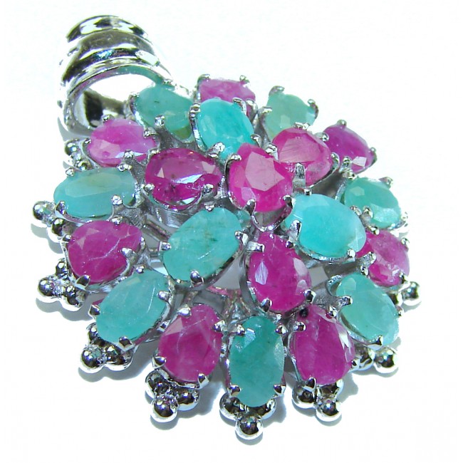 Circle of Life 22.2 carat authentic Ruby Emerald .925 Sterling Silver handmade Pendant - Close-up of "Circle of Life" pendant with rubies and emeralds.
