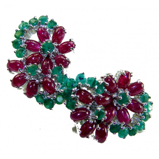 Magnificent Flower 24.5 carat Ruby Emerald .925 Sterling Silver handcrafted incredible Statement earrings
