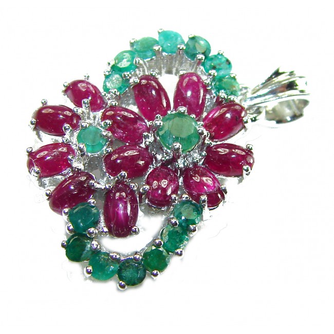 Magnificent Flower 17.5 carat Ruby Emerald .925 Sterling Silver handcrafted incredible Statement Pendant - Ruby and emerald floral pendant close-up on sterling silver