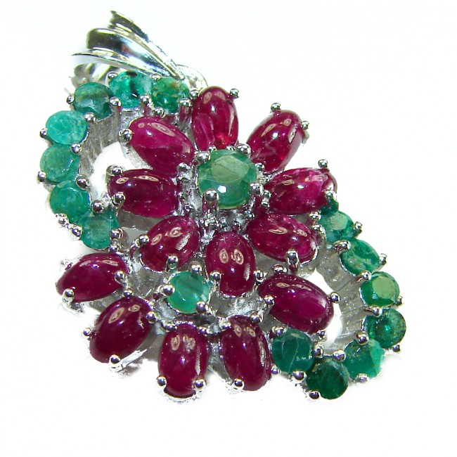 Magnificent Flower 17.5 carat Ruby Emerald .925 Sterling Silver handcrafted incredible Statement Pendant - Ruby and emerald flower pendant close-up on white background