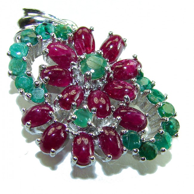 Magnificent Flower 17.5 carat Ruby Emerald .925 Sterling Silver handcrafted incredible Statement Pendant - Ruby and emerald flower pendant, angled top view.