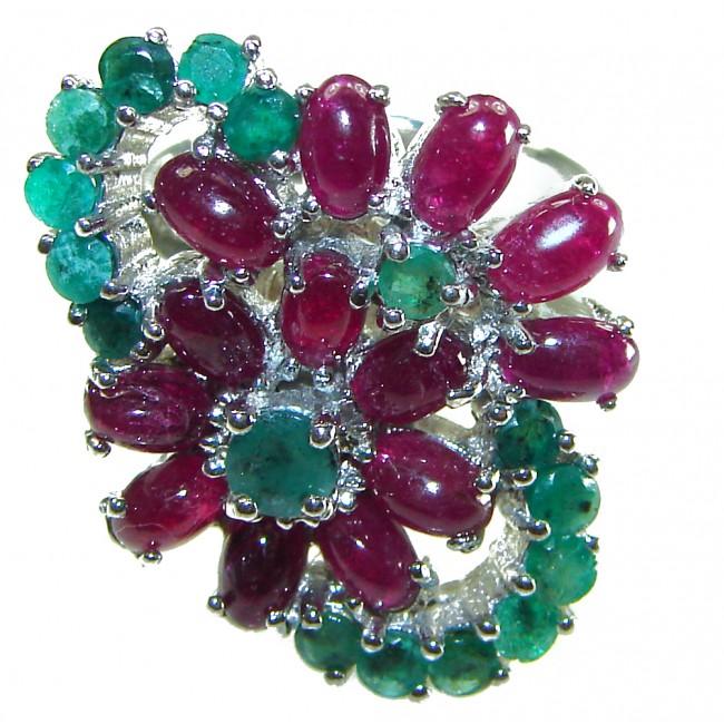Magnificent Flower 18.5 carat Ruby Emerald .925 Sterling Silver handcrafted incredible Statement HUGE Ring s. 7
