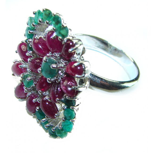 Magnificent Flower 18.5 carat Ruby Emerald .925 Sterling Silver handcrafted incredible Statement HUGE Ring s. 7