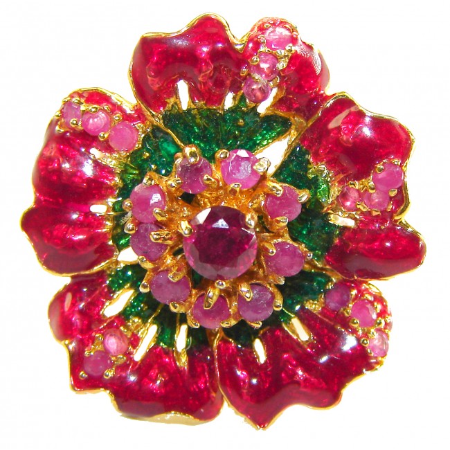 Magnificent Flower 6.8 carat Natural Ruby Enemel 18K Gold over . 925 Sterling Silver handcrafted Statement Ring size 6