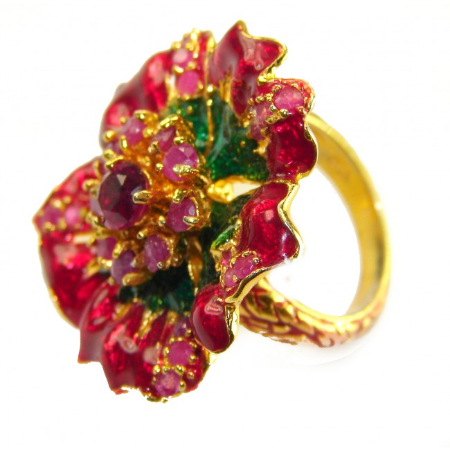 Magnificent Flower 6.8 carat Natural Ruby Enemel 18K Gold over . 925 Sterling Silver handcrafted Statement Ring size 6