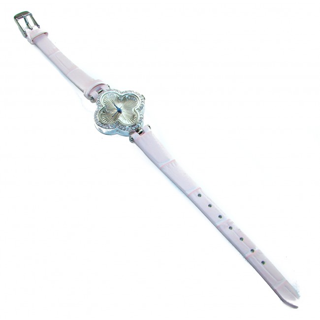 Precious Four Leaf Clover Genuine Leather strap .925 Sterling Silver handmade Watch