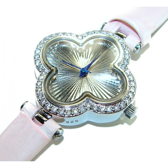 Precious Four Leaf Clover Genuine Leather strap .925 Sterling Silver handmade Watch