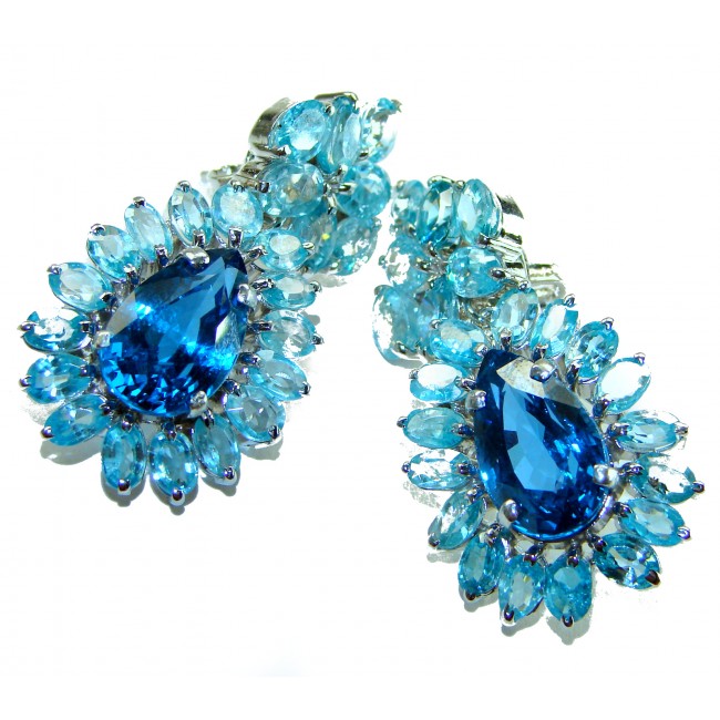 Caribbean Treasure 65.5 carat London Blue Topaz .925 Sterling Silver handmade Large Statement earrings