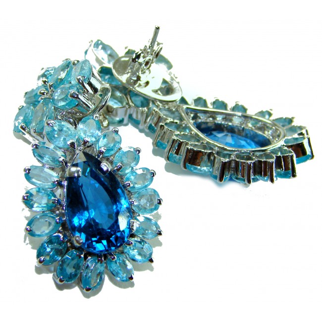 Caribbean Treasure 65.5 carat London Blue Topaz .925 Sterling Silver handmade Large Statement earrings