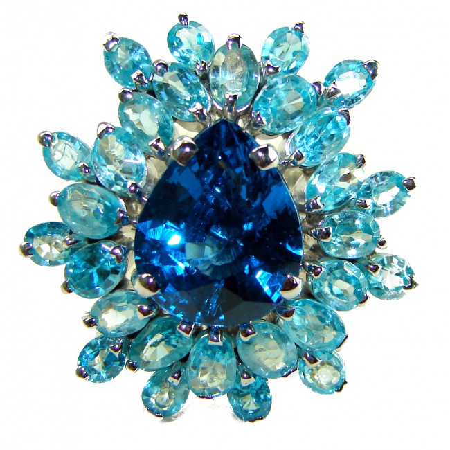 Caribbean Treasure 45.5 carat Swiss Blue Topaz .925 Sterling Silver handmade Large Statement Ring size 7