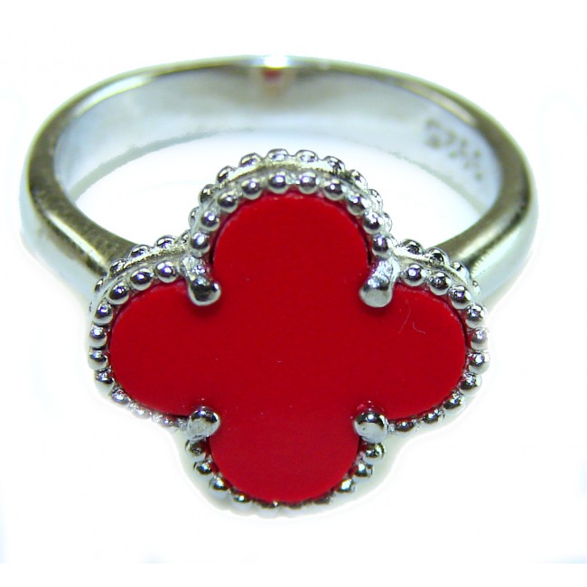 A four-leaf clover Coral .925 Sterling Silver handcrafted ring s. 7