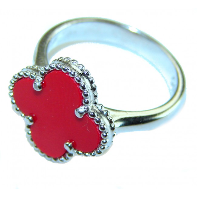 A four-leaf clover Coral .925 Sterling Silver handcrafted ring s. 7