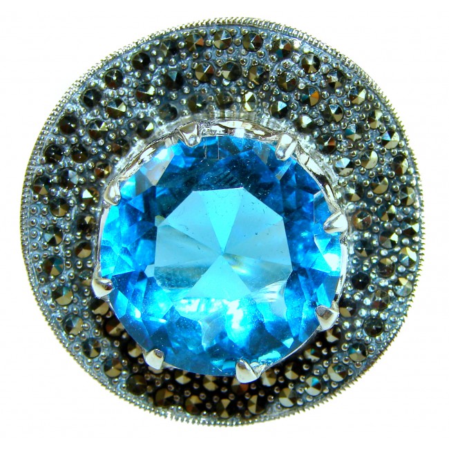 Deep Divine Ocean 44.5 carat Swiss Blue Topaz Marcasite .925 Sterling Silver Handcrafted Ring size 8