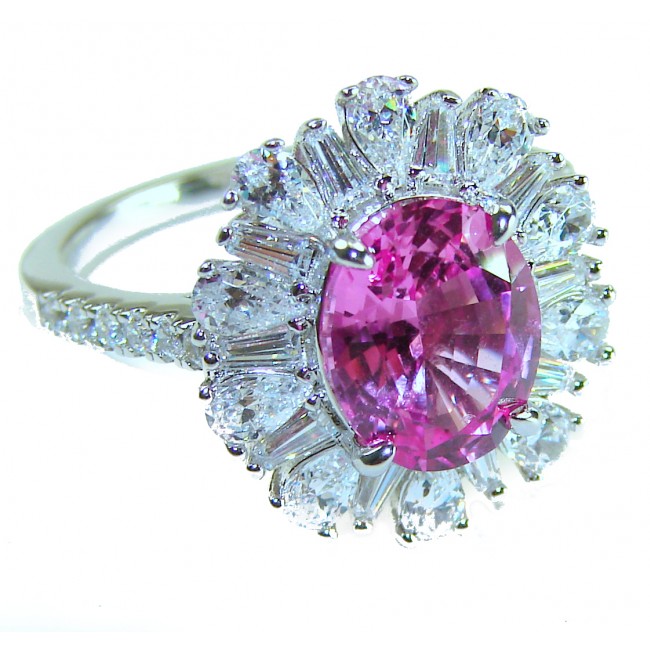 Blooming Beauty 5.8 carat oval cut Pink Sapphire .925 Silver handcrafted Cocktail Ring s. 7 1/4 - Side view of Blooming Beauty 5.8ct oval pink sapphire ring with diamonds