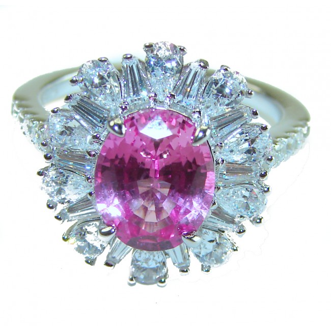 Blooming Beauty 5.8 carat oval cut Pink Sapphire .925 Silver handcrafted Cocktail Ring s. 7 1/4 - Pink sapphire ring close-up with diamond accents, top view
